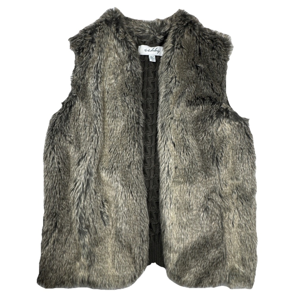 Sebby Womens Faux Fur Vest Large Gray Cable Knit Boho Winter Pockets Layering